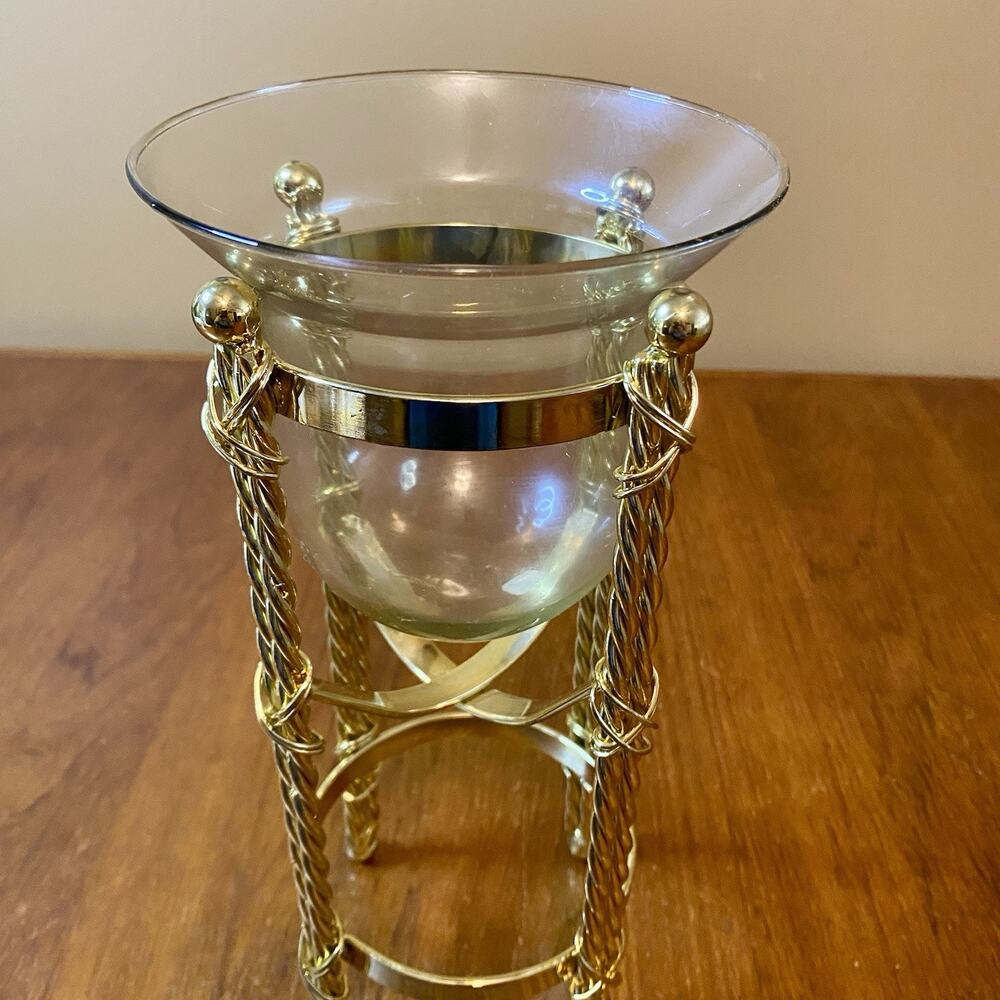 Vintage Plant Candle Stand 11” Holder Twisted Rope Design Brass with Glass Bowl - Picture 3 of 6
